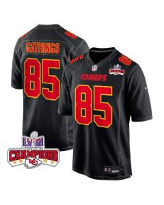 Izaiah Gathings 85 Kansas City Chiefs Super Bowl LVIII Champions 4 Stars Patch Fashion Game Men Jersey – Carbon Black