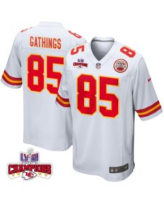 Izaiah Gathings 85 Kansas City Chiefs Super Bowl LVIII Champions 4 Stars Patch Game Men Jersey – White