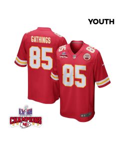 Izaiah Gathings 85 Kansas City Chiefs Super Bowl LVIII Champions 4 Stars Patch Game YOUTH Jersey – Red