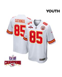 Izaiah Gathings 85 Kansas City Chiefs Super Bowl LVIII Champions 4 Stars Patch Game YOUTH Jersey – White
