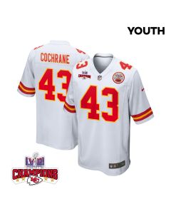 Jack Cochrane 43 Kansas City Chiefs Super Bowl LVIII Champions 4 Stars Patch Game YOUTH Jersey – White