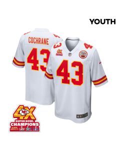 Jack Cochrane 43 Kansas City Chiefs Super Bowl LVIII Champions 4X Game YOUTH Jersey – White