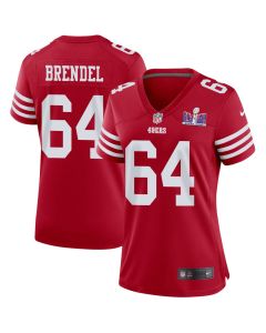 Jake Brendel 64 San Francisco 49ers Super Bowl LVIII Patch Game Women Jersey – Scarlet