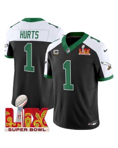 Jalen Hurts 1 Philadelphia Eagles Kelly Green Super Bowl Champions LIX Patch Vapor Limited Jersey – Black Alternate