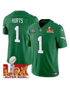 Jalen Hurts 1 Philadelphia Eagles Kelly Green Super Bowl Champions LIX Patch Vapor Limited Jersey – Kelly Green