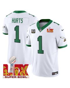 Jalen Hurts 1 Philadelphia Eagles Kelly Green Super Bowl Champions LIX Patch Vapor Limited Jersey – White