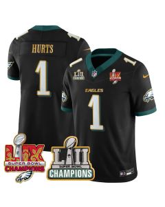 Jalen Hurts 1 Philadelphia Eagles LII-LIX Super Bowl Champions Vapor Limited Gold Jersey – Black