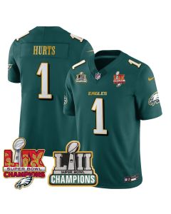 Jalen Hurts 1 Philadelphia Eagles LII-LIX Super Bowl Champions Vapor Limited Gold Jersey – Midnight Green