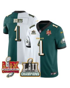 Jalen Hurts 1 Philadelphia Eagles LII-LIX Super Bowl Champions Vapor Limited Gold Jersey – Split
