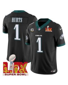 Jalen Hurts 1 Philadelphia Eagles Super Bowl Champions LIX Patch Vapor Limited Jersey – Black