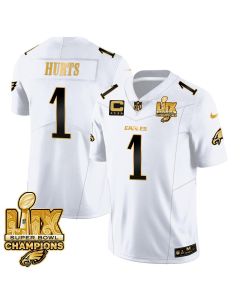 Jalen Hurts 1 Philadelphia Eagles Super Bowl LIX Champions Gold Vapor Limited Jersey – White Gold