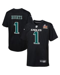 Jalen Hurts 1 Philadelphia Eagles Youth Super Bowl LIX Patch Fashion Game Player Jersey – Carbon Black