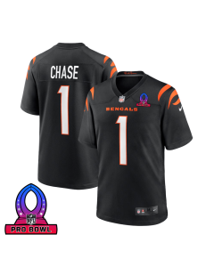Ja’Marr Chase 1 Cincinnati Bengals 2025 Pro Bowl Patch Game Men Jersey – Black