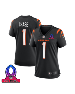 Ja’Marr Chase 1 Cincinnati Bengals 2025 Pro Bowl Patch Women Game Jersey – Black
