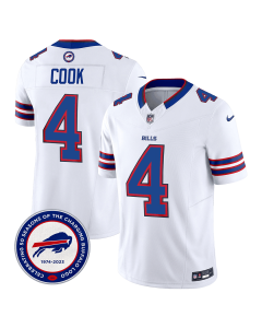 James Cook 4 Buffalo Bills 50th Charging Logo Patch Game Men Jersey – White