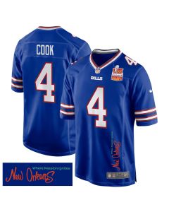 James Cook 4 Buffalo Bills Super Bowl LIX Champions Patch ‘New Orleans – Where Passion Ignites’ EMBROIDERED Game Men Jersey – Royal