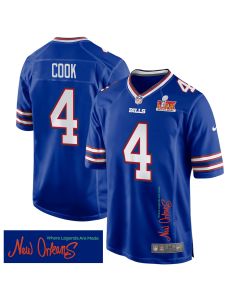 James Cook 4 Buffalo Bills Super Bowl LIX ‘New Orleans – Where Legends Are Made’ EMBROIDERED Game Men Jersey – Royal