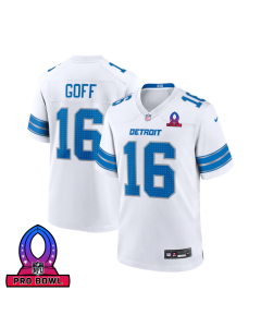 Jared Goff 16 Detroit Lions 2025 Pro Bowl Patch Game Men Jersey – White