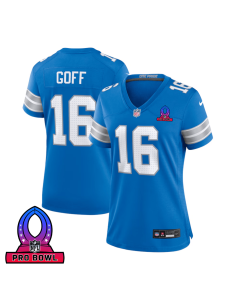 Jared Goff 16 Detroit Lions 2025 Pro Bowl Patch Women Game Jersey – Blue
