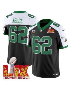 Jason Kelce 62 Philadelphia Eagles Kelly Green Super Bowl Champions LIX Patch Vapor Limited Jersey – Black Alternate