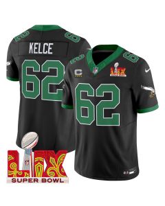 Jason Kelce 62 Philadelphia Eagles Kelly Green Super Bowl Champions LIX Patch Vapor Limited Jersey – Black