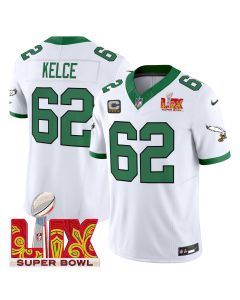 Jason Kelce 62 Philadelphia Eagles Kelly Green Super Bowl Champions LIX Patch Vapor Limited Jersey – White