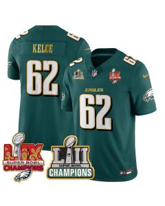 Jason Kelce 62 Philadelphia Eagles LII-LIX Super Bowl Champions Vapor Limited Gold Jersey – Midnight Green