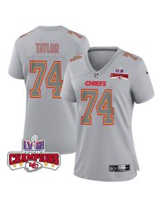 Jawaan Taylor 74 Kansas City Chiefs Super Bowl LVIII Champions 4 Stars Patch Atmosphere Fashion Game Women Jersey – Gray