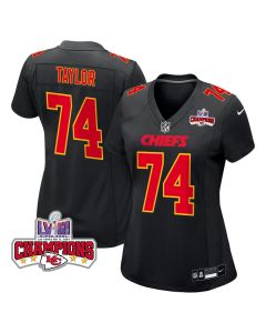 Jawaan Taylor 74 Kansas City Chiefs Super Bowl LVIII Champions 4 Stars Patch Fashion Game Women Jersey – Carbon Black