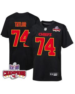 Jawaan Taylor 74 Kansas City Chiefs Super Bowl LVIII Champions 4 Stars Patch Fashion Game YOUTH Jersey – Carbon Black