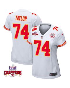 Jawaan Taylor 74 Kansas City Chiefs Super Bowl LVIII Champions 4 Stars Patch Game Women Jersey – White
