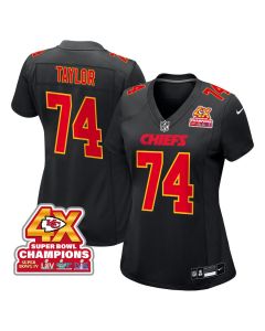 Jawaan Taylor 74 Kansas City Chiefs Super Bowl LVIII Champions 4X Fashion Game Women Jersey – Carbon Black