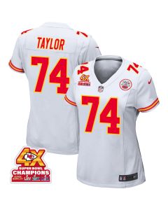 Jawaan Taylor 74 Kansas City Chiefs Super Bowl LVIII Champions 4X Game Women Jersey – White