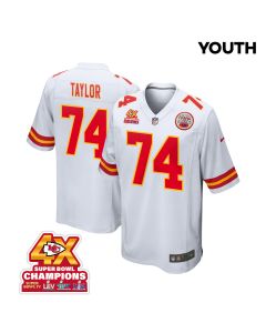 Jawaan Taylor 74 Kansas City Chiefs Super Bowl LVIII Champions 4X Game YOUTH Jersey – White