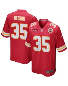 Jaylen Watson 35 Kansas City Chiefs AFC Champions Patch Game Men Jersey – Red