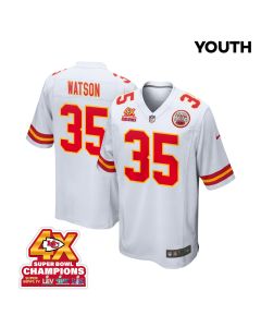 Jaylen Watson 35 Kansas City Chiefs Super Bowl LVIII Champions 4X Game YOUTH Jersey – White