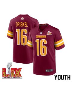 Jeff Driskel #16 Washington Commanders Super Bowl LIX Youth Jersey – Burgundy
