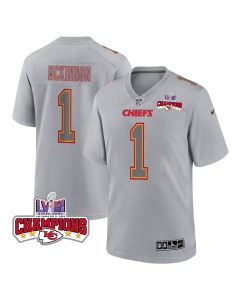 Jerick McKinnon 1 Kansas City Chiefs Super Bowl LVIII Champions 4 Stars Patch Atmosphere Fashion Game Men Jersey – Gray