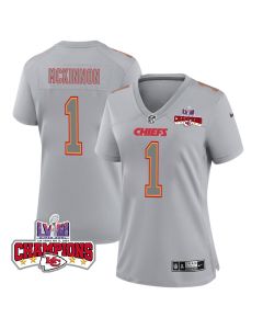 Jerick McKinnon 1 Kansas City Chiefs Super Bowl LVIII Champions 4 Stars Patch Atmosphere Fashion Game Women Jersey – Gray