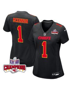Jerick McKinnon 1 Kansas City Chiefs Super Bowl LVIII Champions 4 Stars Patch Fashion Game Women Jersey – Carbon Black
