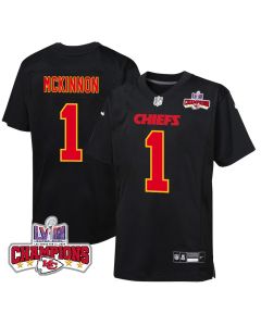 Jerick McKinnon 1 Kansas City Chiefs Super Bowl LVIII Champions 4 Stars Patch Fashion Game YOUTH Jersey – Carbon Black