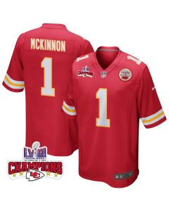 Jerick McKinnon 1 Kansas City Chiefs Super Bowl LVIII Champions 4 Stars Patch Game Men Jersey – Red