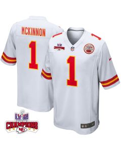 Jerick McKinnon 1 Kansas City Chiefs Super Bowl LVIII Champions 4 Stars Patch Game Men Jersey – White