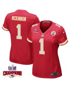 Jerick McKinnon 1 Kansas City Chiefs Super Bowl LVIII Champions 4 Stars Patch Game Women Jersey – Red