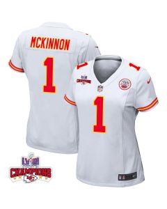 Jerick McKinnon 1 Kansas City Chiefs Super Bowl LVIII Champions 4 Stars Patch Game Women Jersey – White