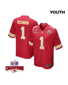 Jerick McKinnon 1 Kansas City Chiefs Super Bowl LVIII Champions 4 Stars Patch Game YOUTH Jersey – Red