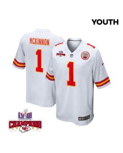 Jerick McKinnon 1 Kansas City Chiefs Super Bowl LVIII Champions 4 Stars Patch Game YOUTH Jersey – White