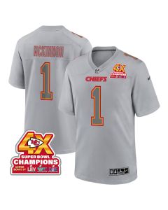 Jerick McKinnon 1 Kansas City Chiefs Super Bowl LVIII Champions 4X Atmosphere Fashion Game Men Jersey – Gray