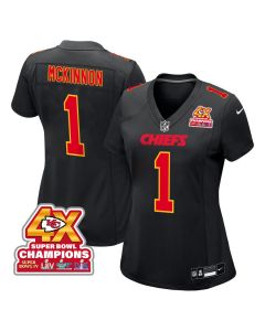 Jerick McKinnon 1 Kansas City Chiefs Super Bowl LVIII Champions 4X Fashion Game Women Jersey – Carbon Black