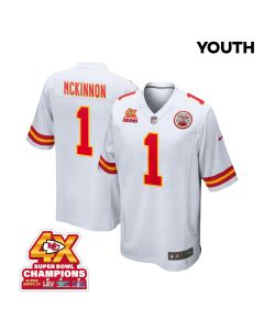 Jerick McKinnon 1 Kansas City Chiefs Super Bowl LVIII Champions 4X Game YOUTH Jersey – White